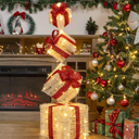 SANHSEHOME 10"8"7"6" Set of 4 Christmas Lighted Gift Boxes, 70 LED Stackable Light Up Present Boxes for Christmas Decorations Indoor Outdoor Yard Lawn Porch Home Decor(Max. 10")