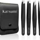 2 x Katsumi Pinnacle 4-Piece Tweezers Set  Precision Stainless Steel Tweezers for Eyebrows, Facial Hair, Ingrown Hair, Splinters, Hair removal Tweezer for Men & Women, Professional Tweezer Kit (Black)