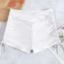 Women's High Waisted V Cut Swim Shorts Ruched Board Shorts Tie Side Swimsuit Bottoms (White, XXL)