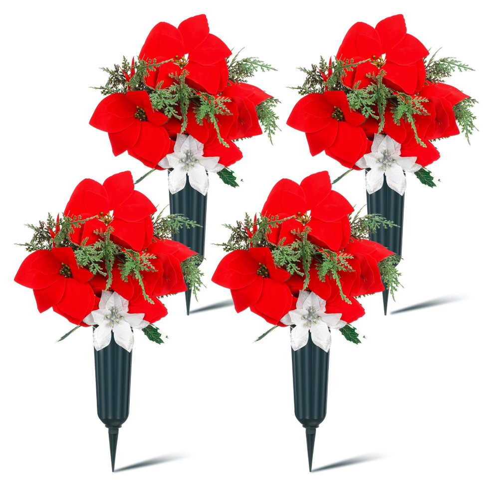 Thiccywoov 4 Set Christmas Artificial Cemetery Flowers Outdoor Grave Decorations Poinsettia Memorial Flowers Accompanied by 2 Long Nail Vases Lasting and Non Bleed Colors for Cemetery Home Decoration