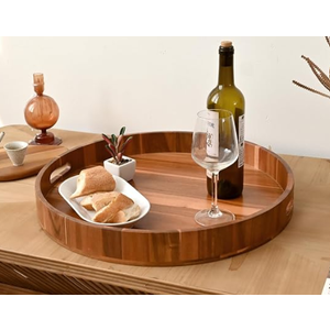 20 Inch Extra Large Round Serving Tray HeavyDuty Acacia Wood Tray for Oversized Ottoman Coffee Table and Counter Giant Decorative Organizational Tray Extensive Kitchen Serveware