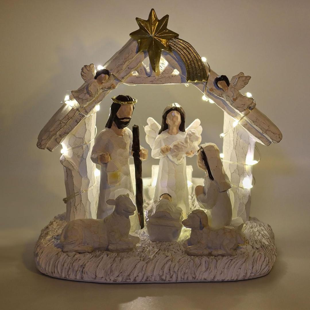 Nativity Set Indoor Nativity Scene with Manger, Christmas Nativity Sets & Figures with LED Lights, Christmas Decorations Indoor for Home Display