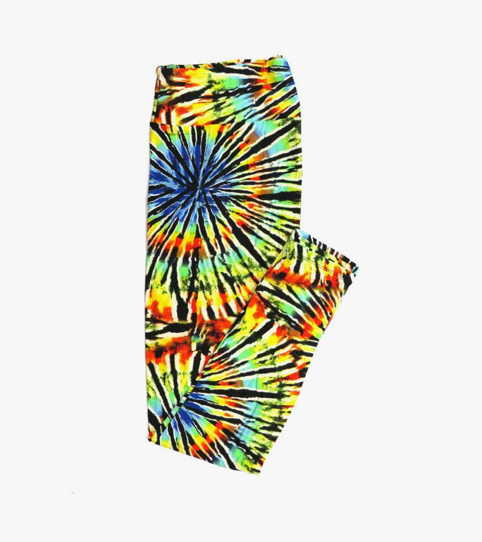 Lularoe Tall Curvy (TC fits Sizes 12-18) Tye Dye Bright Yellow Black Purple Red Buttery Soft Adult Leggings