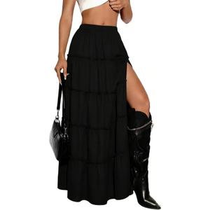 SHENHE Women's Plaid Maxi Skirt High Slit A Line Flowy Tiered Ruffle Y2k Vintage Long Skirt (Medium)