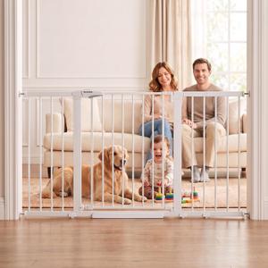 Mumeasy 29.7-57" Extra Wide Baby Gate, Auto Close Large Dog Gate for Doorways, No Drilling Pressure Mounted Pet Safety Gate for Stairs, Easy Walk Through Child Gate for Hallways, House, Indoor, White