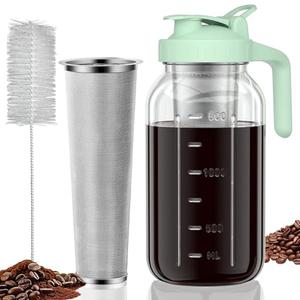 JunVpic Cold Brew Coffee Maker Jar - 64oz Thick Glass Multipurpose Mason Pitcher Spout Lid with Handle & Stainless Steel Filter for Iced Coffee, Lemonade, Ice Tea, Homemade Fruit Drinks Container