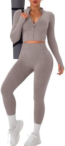 OLCHEE Womens Workout Sets 2 Piece Seamless Yoga Outfits Long Sleeve Zipper Jacket High Waist Leggings Butt Lifting Gym Set L