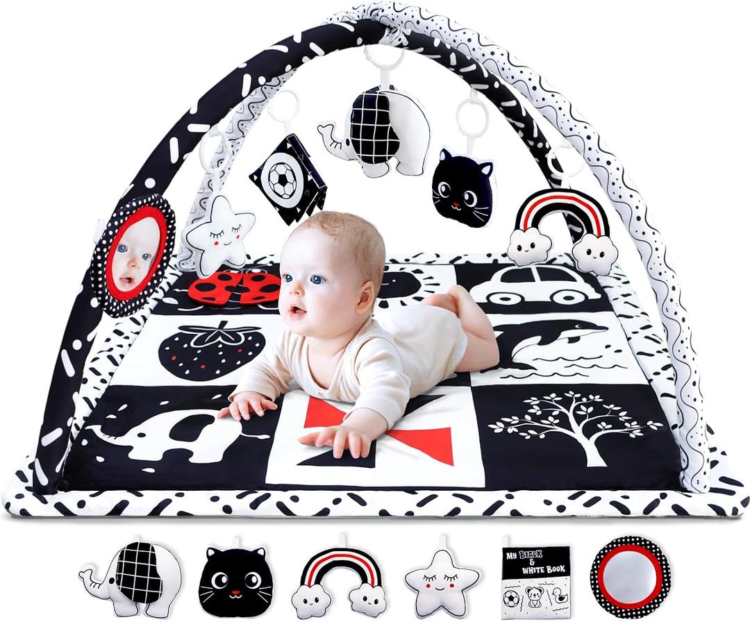Poycuna Black and White Baby Gym Play Mat with 6 Toys Tummy Time Activity Mat for Babies 0-6 6-12 Months High Contrast Baby Gyms & Playmats Sensory Toys Newborn Brain Development Infant Play Mat, 35x35 inch
