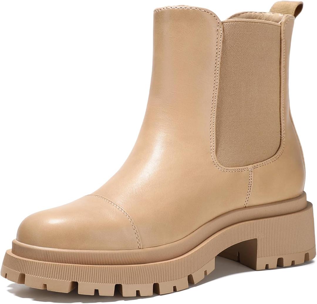 Bacia Chelsea Boots Women Lug Sole Ankle Boots Chunky Heel Slip On Booties (7, Apricot)