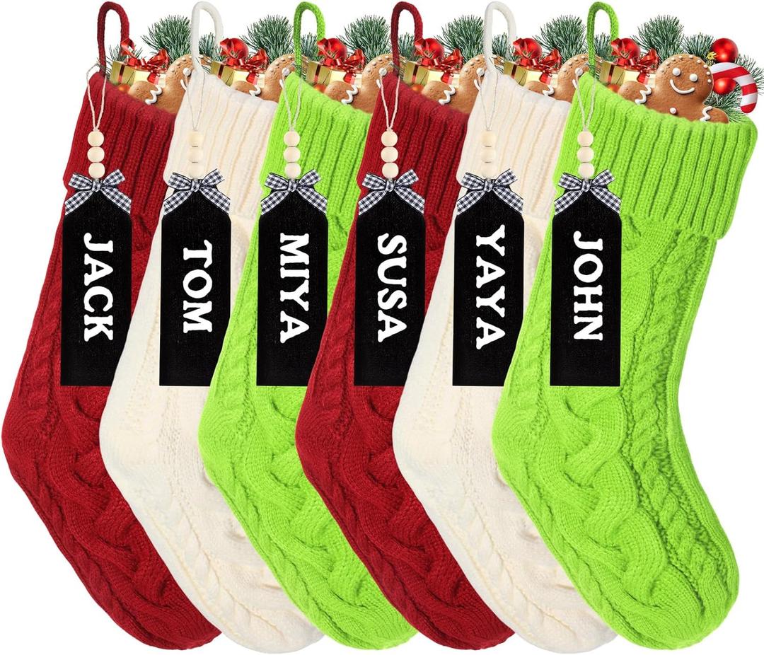 Set of 6 Christmas Stockings,18"Large Personalized Knitted Green Red White Christmas Stockings Customized with Name Tags for Kids Holiday Xmas Family Fireplace Party Hanging Decoration Stockings Gifts