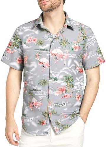 SSLR Pack Hawaiian Shirt for Men Flamingo Short Sleeve Casual Button Down Shirts Summer Beach Shirt Size L