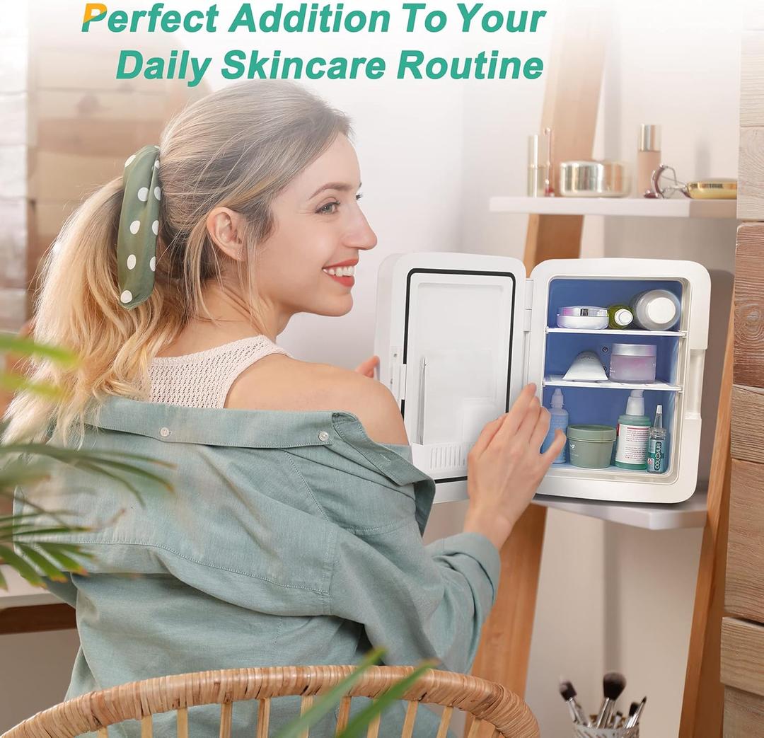 Compact Mini Fridge, 10L Portable Small Refrigerator, 2.6 Gal Mini Fridge with AC/DC Adapters, Small Cosmetics Cooler for Beverage, Food, Makeup, Bedroom, Office, Dorm