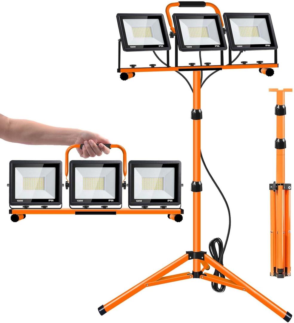 21000 Lumen Work Lights with Stand, 3 Adjustable Head LED Work Light, with Adjustable and Foldable Tripod Stand, Waterproof Lamp with Individual Switch with 6500 Kelvin Color Temperature