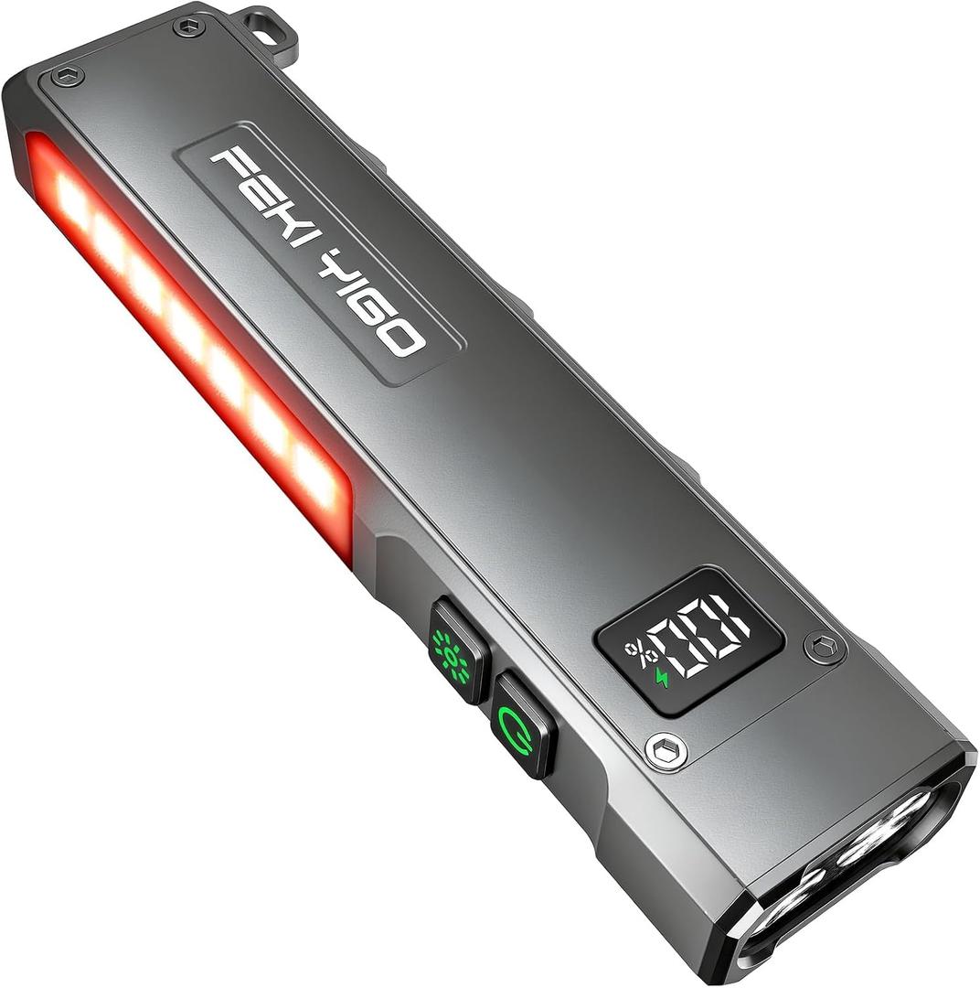 Feki Yigo Flat EDC Flashlight Rechargeable 1800 Lumens - Pocket Flashlight with 365nm UV Light, RGB Modes, Magnetic Base, Digital Display, IPX4 Waterproof for Camping, Emergency, Mechanics (Grey)