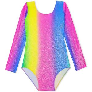Domusgo Girls Gymnastics Leotards Long Sleeve Bodysuits Shiny Colorful One Piece Tumbling Outfits, 130
