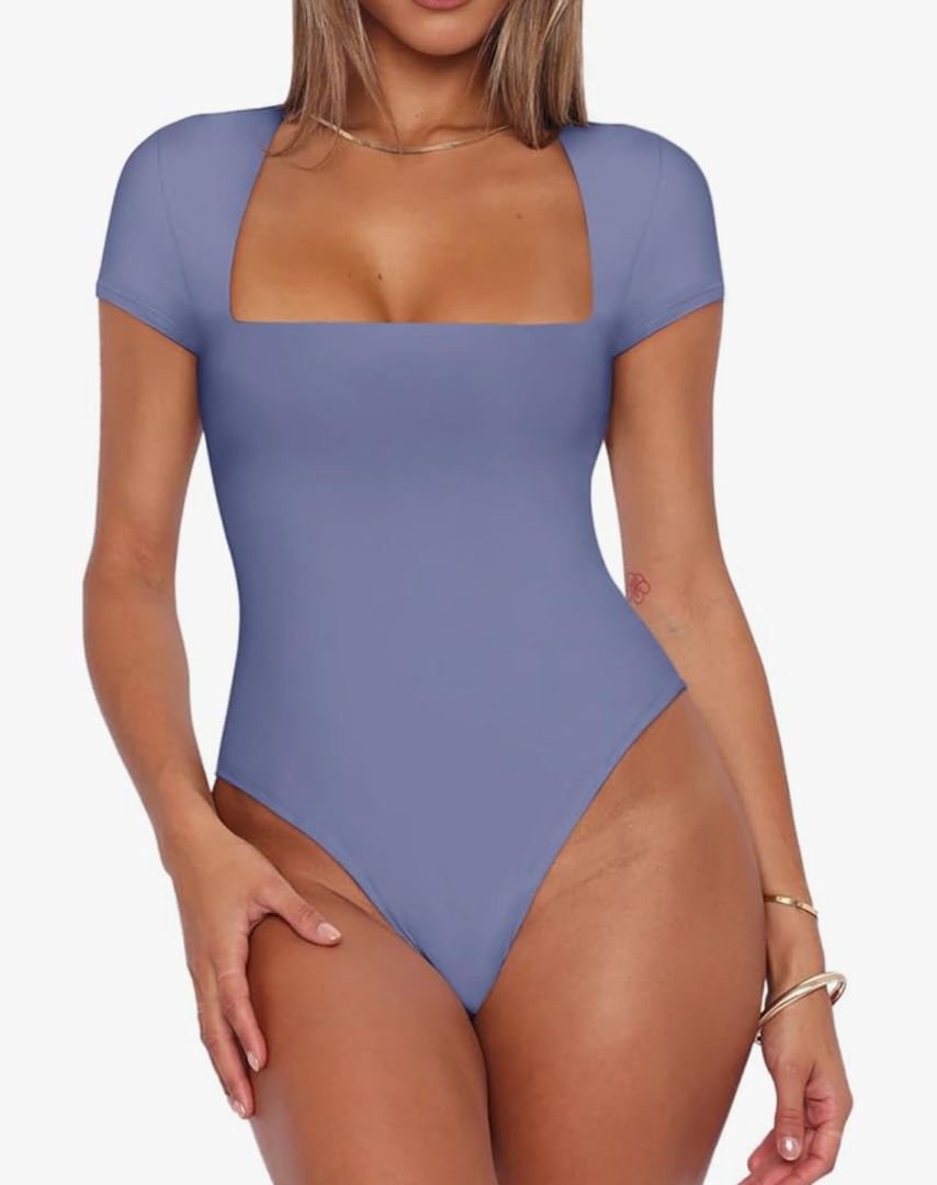 REORIA Womens Sexy Square Neck Double Lined Shirt Stretchy Basic Short Sleeve Going Out Thong Bodysuit Tops, Size M