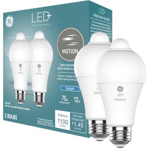 GE LED+ Motion Sensor LED Light Bulbs, 12W, Outdoor Security Lights, Daylight, A21 (2 Pack)
