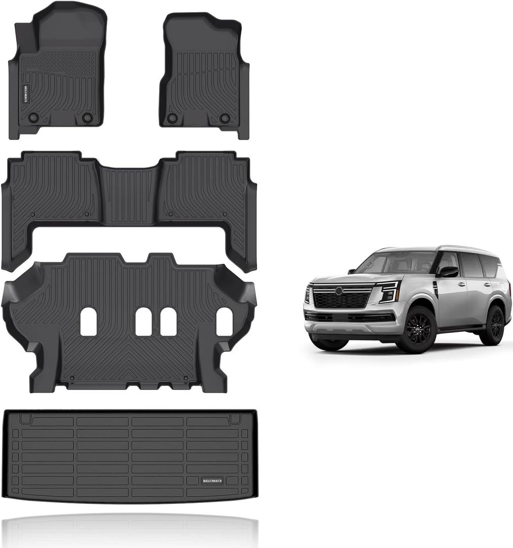 KELCSEECS Floor Mats & Cargo Liner Custom for 2019-2024 Nissan Armada/Infiniti QX80 8 SeatsBench Seat Waterproof All Weather Mats Guard Automotive Liners Full Set Accessories Black