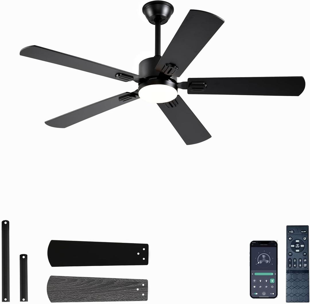 FUMLTP 52 inch Modern Ceiling Fans with Lights APP/Remote Control, Low Profile Reversible 6 Speeds Ceiling Fan Light for Indoor/Outdoor Patio Bedroom Living Room,Black