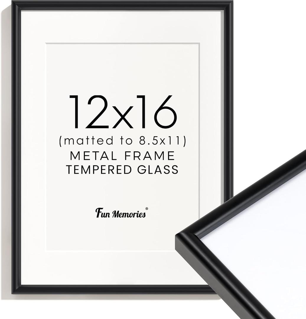 Fun Memories 12x16 Picture Frame Black, Aluminum Picture Frames 12"x16", 12x16 Picture Frame with Mat for 8.5x11, 12 by 16 Frame Real Glass, 12 x 16 Metal Frame for Home Decor