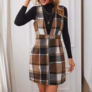 Women's Lapel Single-Breasted Plaid Dress  Size L