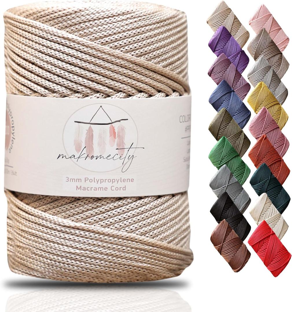 Makromecity, Premium Polyester Macrame Cord 3mm x 131 Yards (394 feet) 3mm Polypropylene Latte Macrame Cord Crochet Macrame Bag Cord Crafts for Wall Hangings, Bags, Underplate, Rug