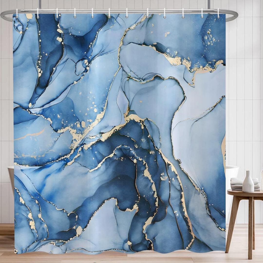 Blue Marble Shower Curtain, Modern Abstract Luxury Blue Gold Ink Texture Watercolor Art Bathroom Curtains Ombre Machine Washable Waterproof Fabric Bathtub Curtain Set with Hooks 72" Wx72 L