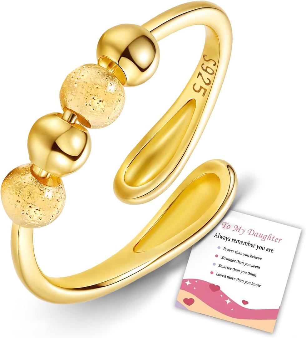 HEEYA Anxiety Rings for Women,Sterling Silver Rings to my Daughter,Adjustable Stress Spinner Ring with Beads,Anxiety Fidget Ring for Women,Thumb Jewelry for Birthday,Christmas with Gift Card