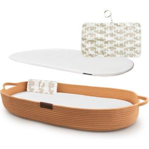 XL Reinforced Baby Changing Basket with Extra Travel Diaper pad, Foldable Baby Changing Pad with Water Repellent Cover, Cotton Rope Baby Basket, Changing Table Topper for Dresser (Brick)