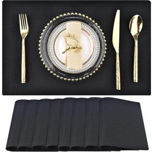 SLKQG Black Linen-Look Placemats Set of 8, Heat Resistant & Machine Washable Double-Layered Cloth Placemats for Dining Table, Indoor/Outdoor Use, Non-Slip Kitchen Table Mats (8, Black)