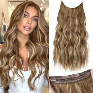 KooKaStyle Invisible Wire Hair Extensions with Transparent Headband Adjustable Size 4 Secure Clips Long Wavy Secret Wire Hairpiece 20 Inch for Women(Ash Brown with Beach Blonde)