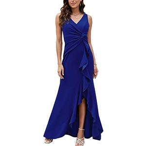 FQA Formal Evening Dresses for Women Elegant Evening Party Prom Dress Long Sexy V Neck Sleeveless Split Wrap,Blue, M