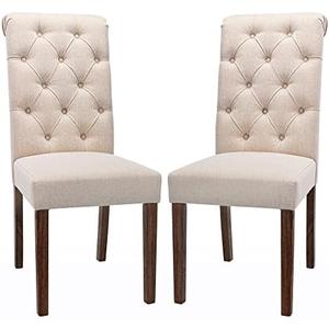 COLAMY Tufted Upholstered Dining Chairs Set of 2, Accent Parsons Chairs with Solid Wood Legs and Padded Seat, Beige