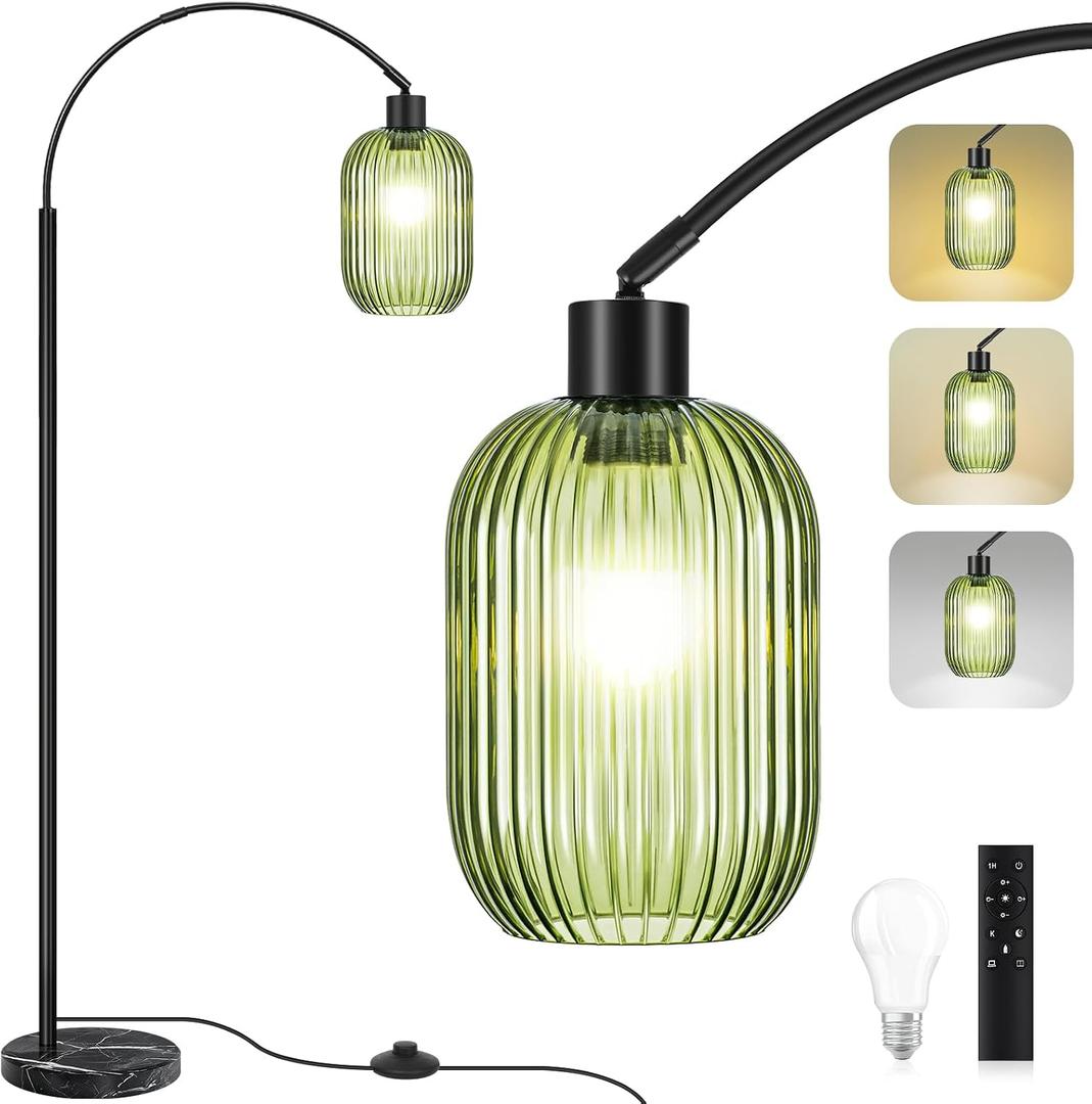 COTTHOS Glass Floor Lamp for Living Room, Modern Standing Lamp with Ribbed Glass Lampshade Marble Base, 68” Tall Lamp with Remote Control and Pedal Switch for Bedroom(6000K LED Bulb Included)
