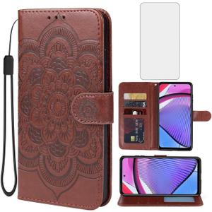 Bohefo Case for Moto G Power 2024 5G Flip Case with Tempered Glass Screen Protector, Leather Wallet, Kickstand Cover for Motorola Moto G Power 2024 5G Brown