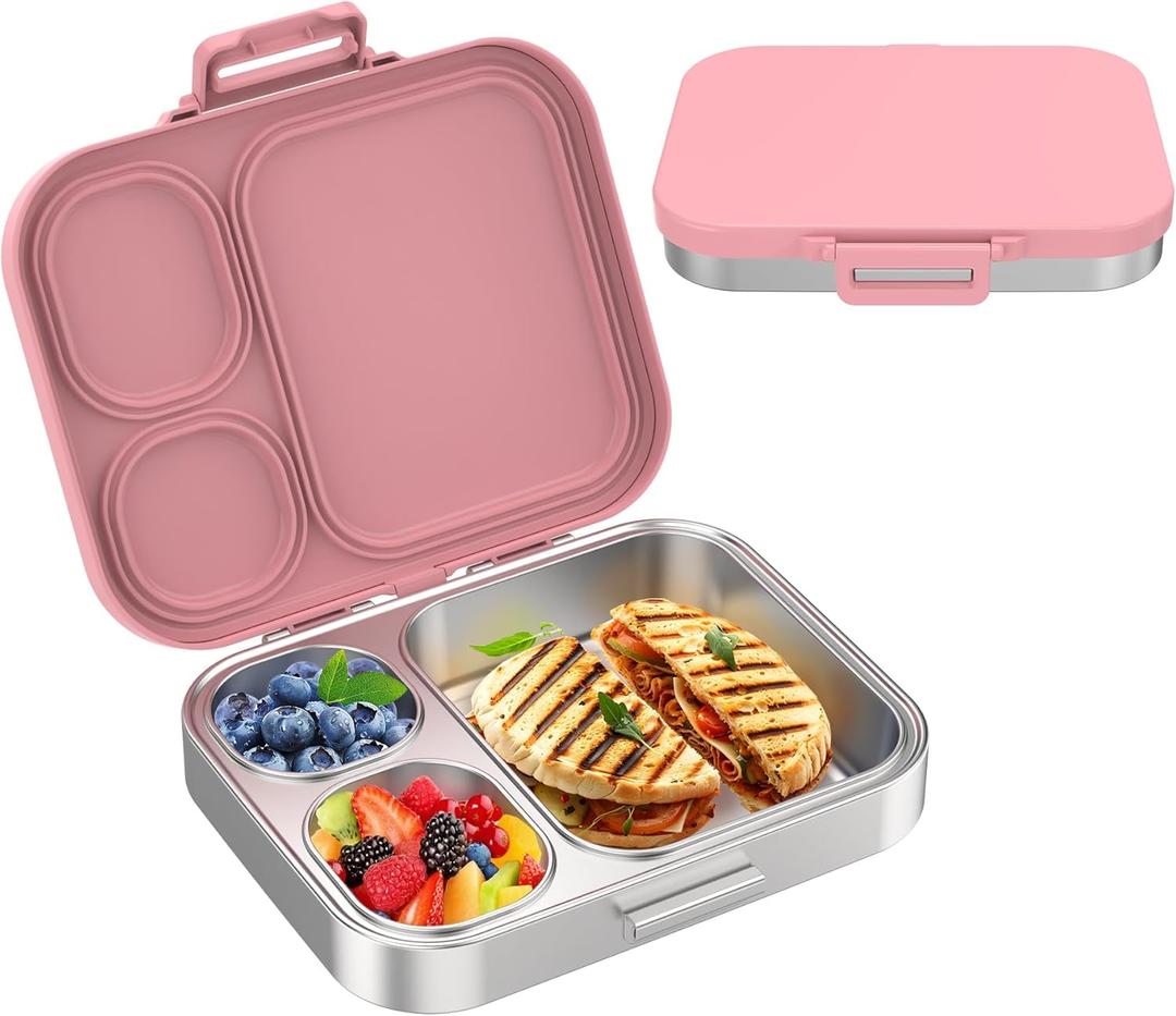 Stainless Steel Bento Lunch Box for Kids | 3-Compartment Lunch Box Container Kids | 100% Leakproof, Eco-Friendly, Perfect Portion Control for Kids&Adult Healthy Meals (Pink)