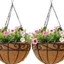 EIMQUVW Outdoor Metal Hanging Planters Basket (2pack, 12 inch) Hanging Baskets for Plants Chain Round Wire Plant Holder with Coco Fiber Liners for Garden, Patio, Deck, Porch(Flower Border)