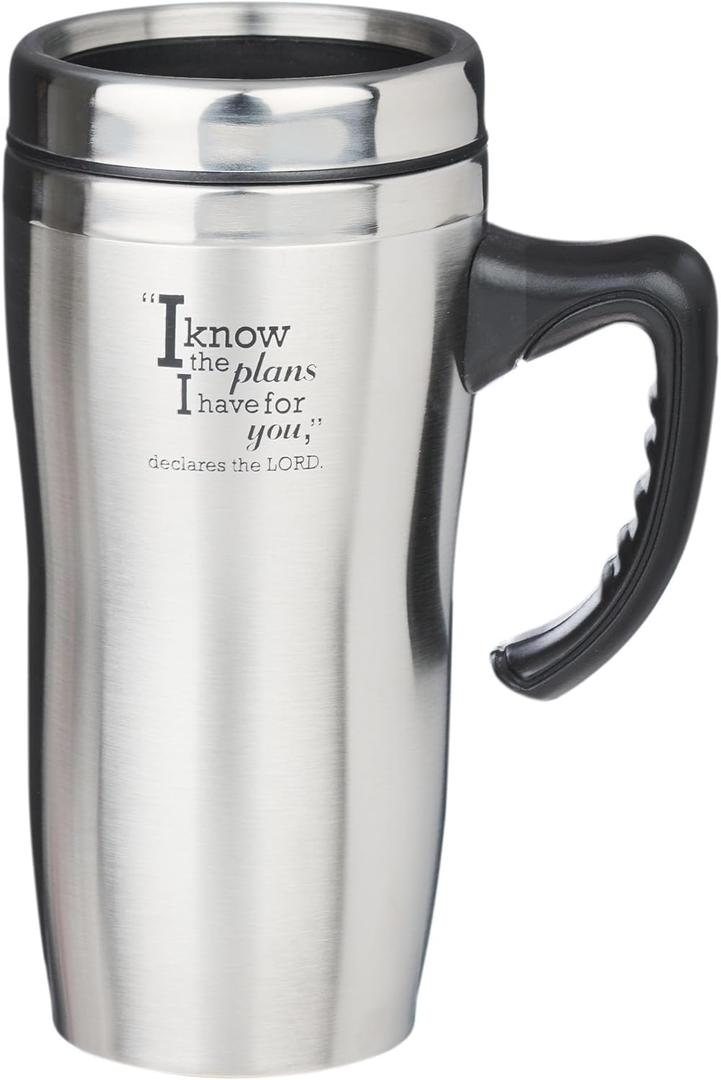 Christian Art Gifts Stainless Steel Double-Wall Vacuum Insulated Travel Mug 16 oz Tumbler and Coffee Cup with Lid and Handle BPA and Lead-free Eco-Friendly Mug - I know The Plans - Jeremiah 29:11