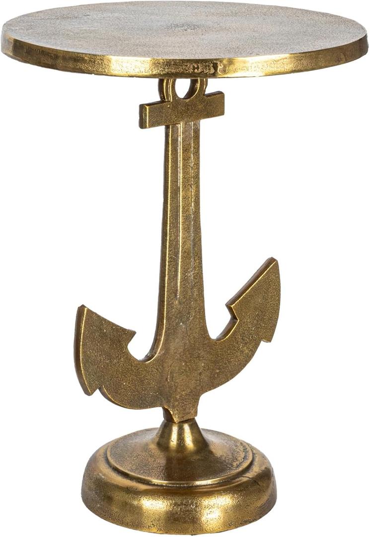 Round Nautical Accent Table with Anchor Base in Cast Iron, Gold Finish