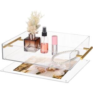 Acrylic Serving Tray with Gold Handles & Magnetic Mat,12x10 Inch Non-Slip Base, Thick Transparent Acrylic Tray, Spill-Proof Design, Perfect for Coffee, Breakfast, Dinner & Decorative Storage