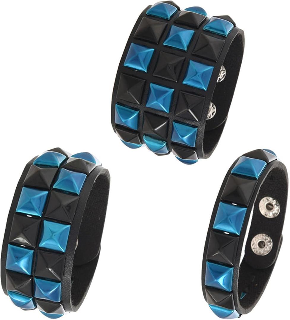 Dreuyet 3 Piece Checkered Leather Bracelet Set Black White PU Wristband Adjustable Gothic Punk Style Halloween Accessories for Men Women