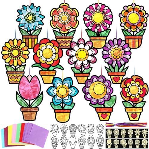 AmazingSpark 36 Pcs Flower Pot Suncatcher Craft Kit, Mother's Day DIY Gift for Mom, Spring Flowers Stained Glass Tissue Paper Window Art for Activities Party Favors Supplies Decorations