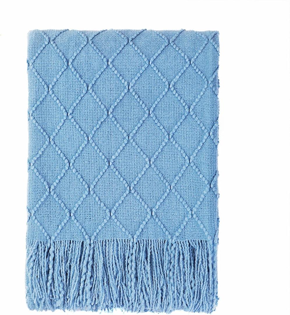 BOURINA Blue Throw Blanket 50x60 Inches Throw Textured Solid Soft Sofa Couch Decorative Knit Blanket