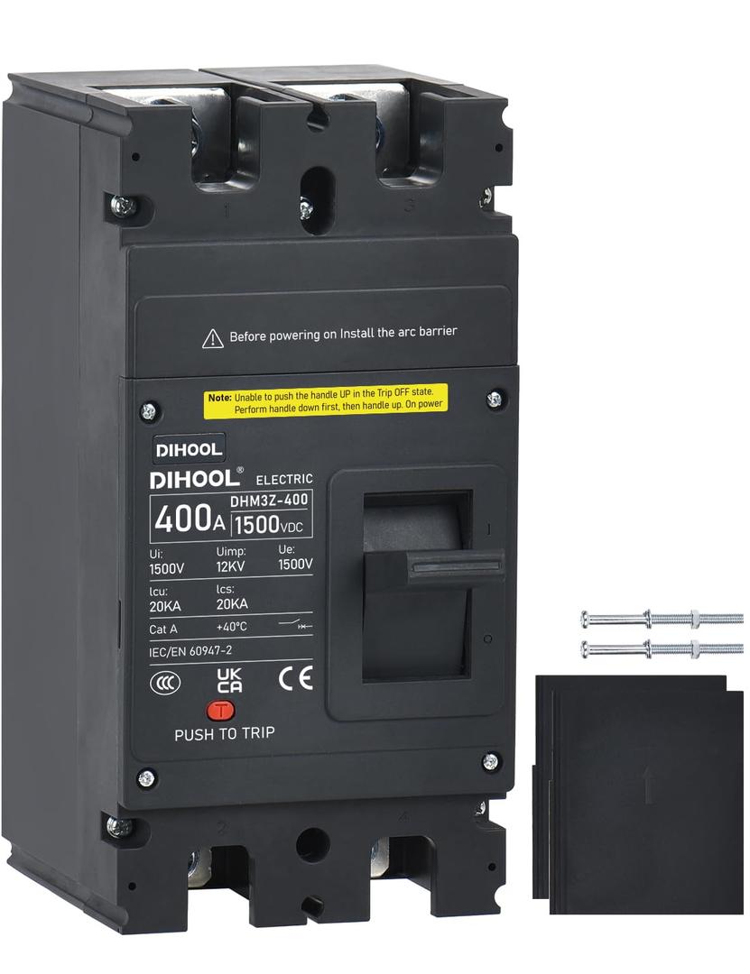 DIHOOL 400 Amp DC Circuit Breaker,2P 1500V 20kA,Heavy Duty Battery Disconnect Switch with Thermal Magnetic Trip for Solar System