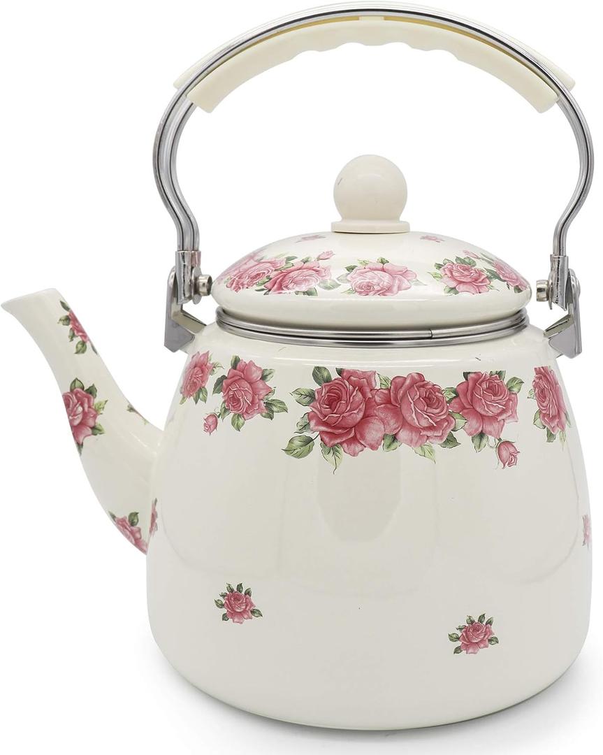 Enamel Teapot floral,Large Porcelain Enameled Teakettle,Colorful Hot Water Tea Kettle pot for Stovetop,Small Retro Classic Design (3.3L, style3)