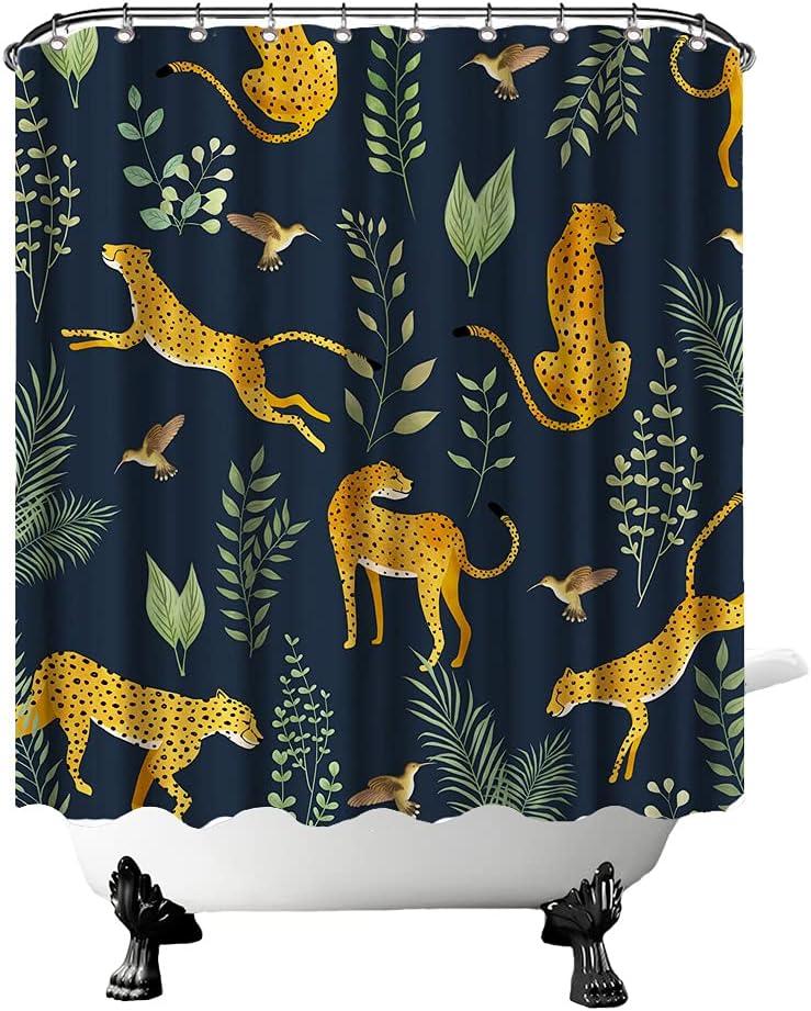 Wild Animal Shower Curtain Leopard Jaguar Hummingbird with Green Leaves Bathtub Curtain Jungle Animal Print Fabric Shower Curtain for Bathroom Decor with Hooks 72"72"