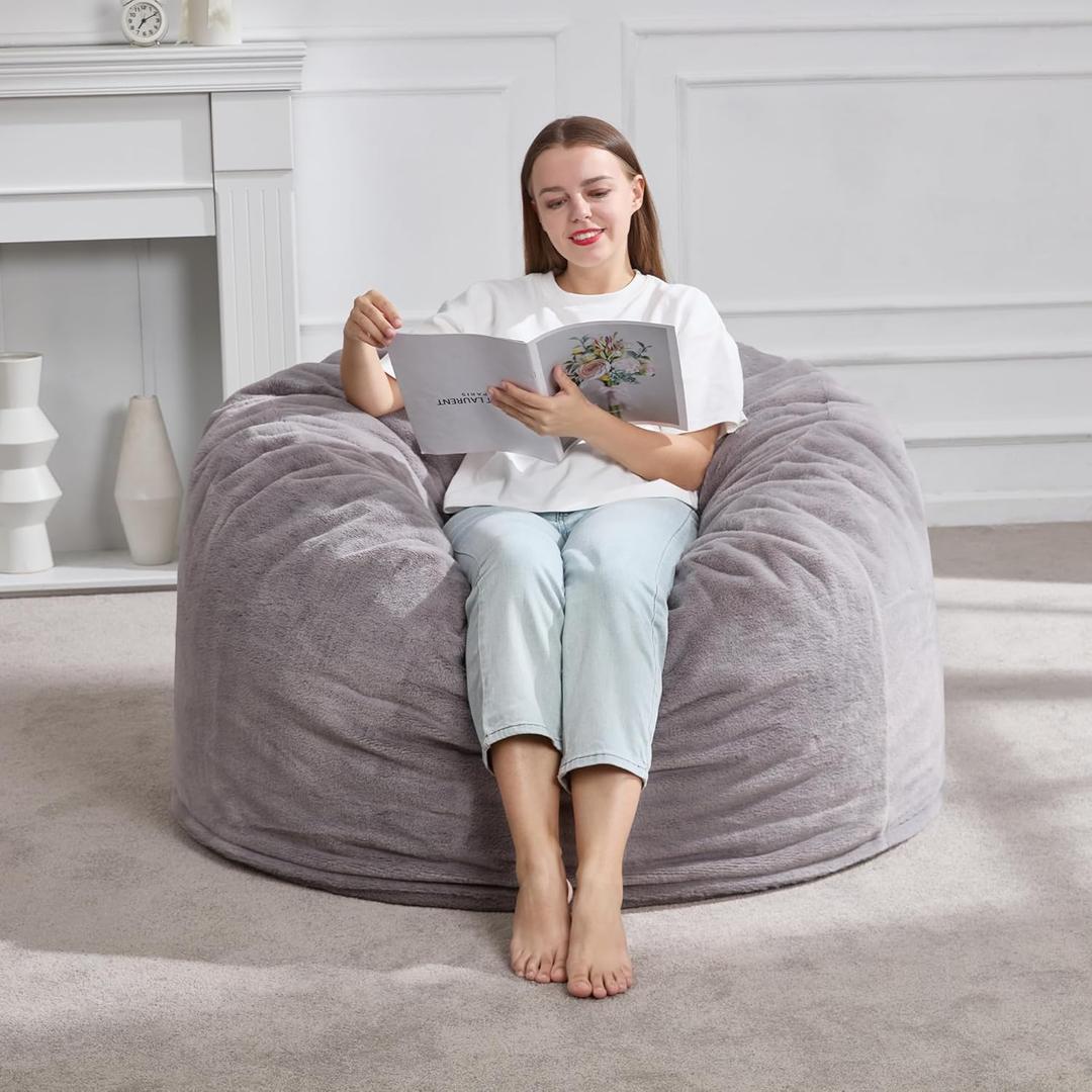 Hobestluk 3ft Bean Bag Chairs for Adults Large Beanbag Chair with Plush Faux Fur Cover Big Bean Bag Chair for Living Room Bedroom Dorm Office - Grey (36 x 36 x 22)