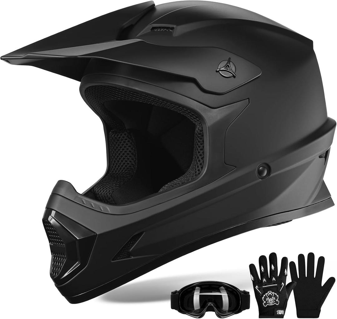 XFMT DOT Youth Kids Motocross Offroad Street Dirt Bike Helmet Motorcycle ATV Full Face Helmet with Goggles Gloves, Matte Black X-Large