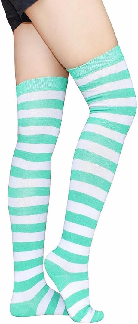 Raylarnia Women's Extra Long Opaque Striped Over Knee High Stockings Socks (White Green Stripes)
