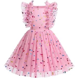 Kids Girls Confetti Polka Dots Butterfly Princess Party Wedding Flower Girl Dress Photography 3-10T (4-5T, Kids Pink Colourful)